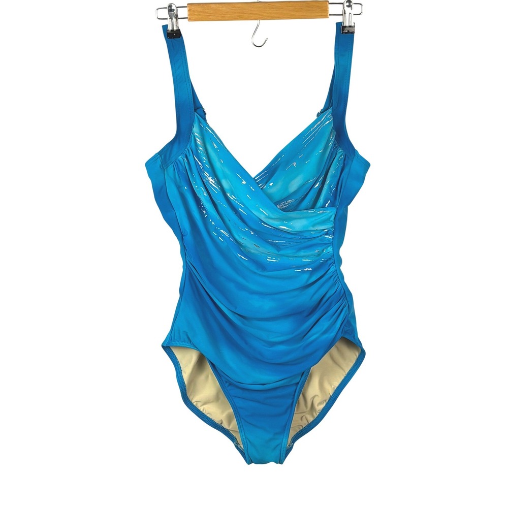 Miraclesuit Women 1-Piece Swimsuit 12 Blue Ruched Silver 80263N Slimming Shaping
